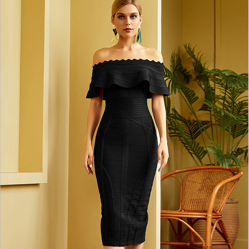 Color-Black-Original Slim Fit Bandage Dress Party Dress Banquet Host Sheath off-Neck Dress-Fancey Boutique