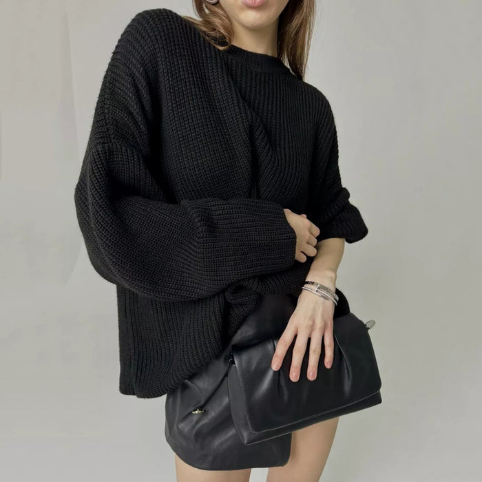 Solid Color round Neck Sweater Spring Autumn Loose Sweater Pullover Sweater for Women-Black-Fancey Boutique