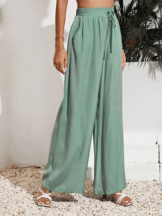 Color-Green-Women Summer High Waist Casual Trousers Solid Color Elastic Waist Lace up Loose Wide Leg Pants Women-Fancey Boutique