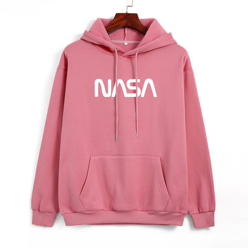 Color-Pink-Autumn Winter Coat Women NASA Print Hooded Fleece Lined Sweater Women Autumn Korean Loose-Fancey Boutique