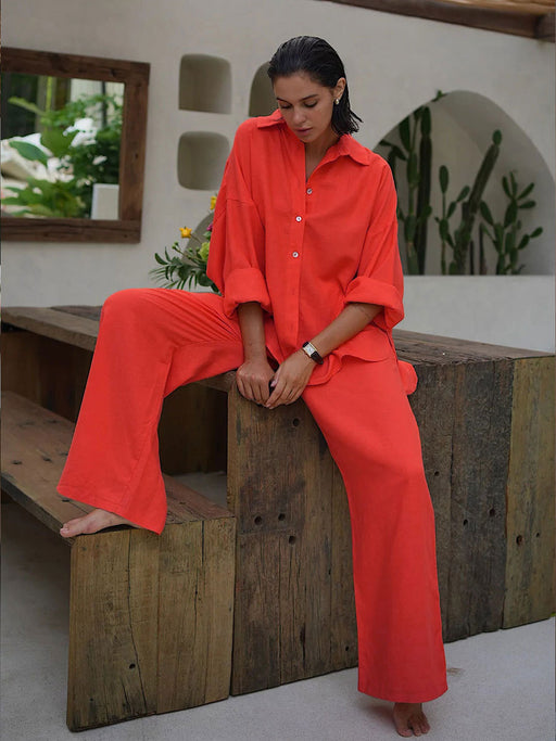 Long Sleeved Casual Suit Autumn Women Loose Casual Cotton Shirt Trousers Suit-Orange-Fancey Boutique