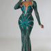 Color-Green-V Neck Halter Sequined Dress Women Slim Fit Host Party Women-Fancey Boutique