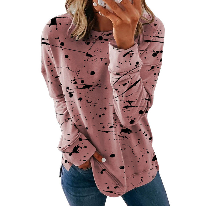 Color-Pink graffiti-Autumn Winter Women Clothing Printing Color Contrast Patchwork Round Neck Long Sleeve Sweater-Fancey Boutique