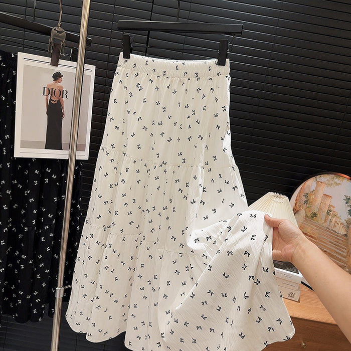 Fold Floral Skirt Summer Elastic Waist Covering Slimming A line Skirt Mid Length Big Hem Umbrella Skirt-Fancey Boutique