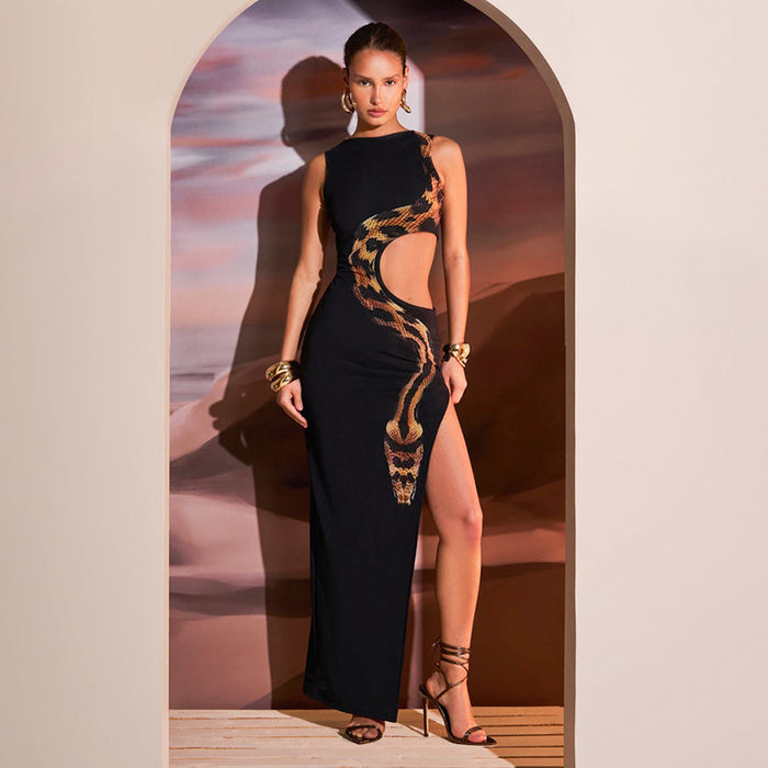 Women Summer Side Waist Hollow Out Cutout Python Print Slim Fit Slit Maxi Dress-Fancey Boutique