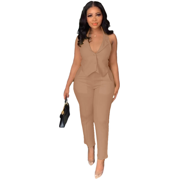 Color-Khaki-Women Clothing Spring Summer Casual Vest Pants Two Piece Set-Fancey Boutique