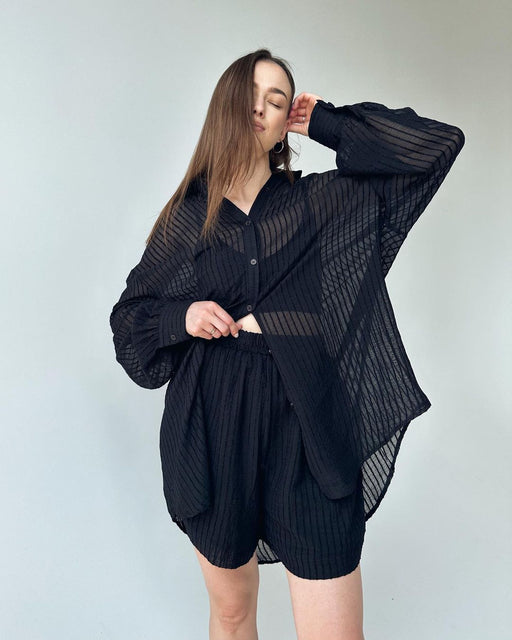 Women Clothing Suit Summer Casual Texture Long Sleeve Vertical Pattern Shirt Shorts Suit-Black-Fancey Boutique