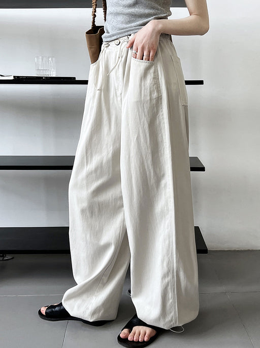 Color-Mercury White-Retro Tencel Cotton Drawstring Elastic Waist Loose Cargo Pants Women Wide Leg Pants Casual Trousers-Fancey Boutique