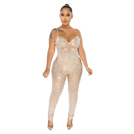 Color-Apricot-Women Wear Solid Color Mesh Rhinestone Sleeveless Trousers Jumpsuit-Fancey Boutique