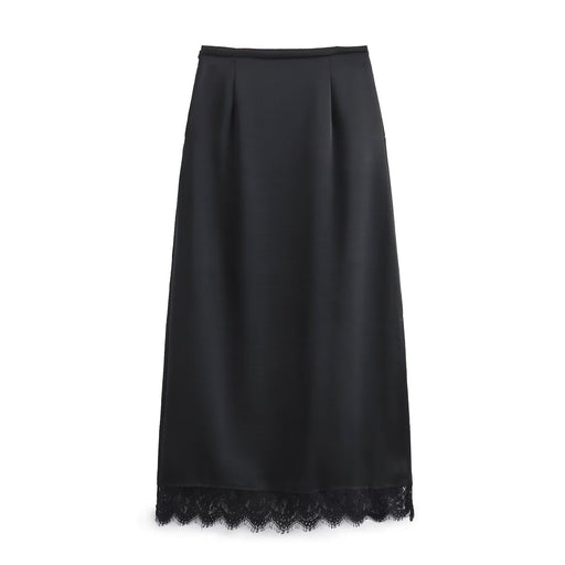 Women Simple Eyelash Lace Stitching Acetate Satin Skirt Straight Skirt-Black-Fancey Boutique