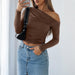 Women Clothing Spring Summer Casual Slim Solid Color Diagonal Collar Pullover Top-Brown-Fancey Boutique