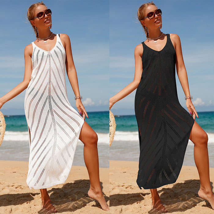 Travel Vacation Sexy Backless V-neck Solid Color Breathable Knitted Slit Maxi Dress Beach Sun Protection Blouse-Fancey Boutique