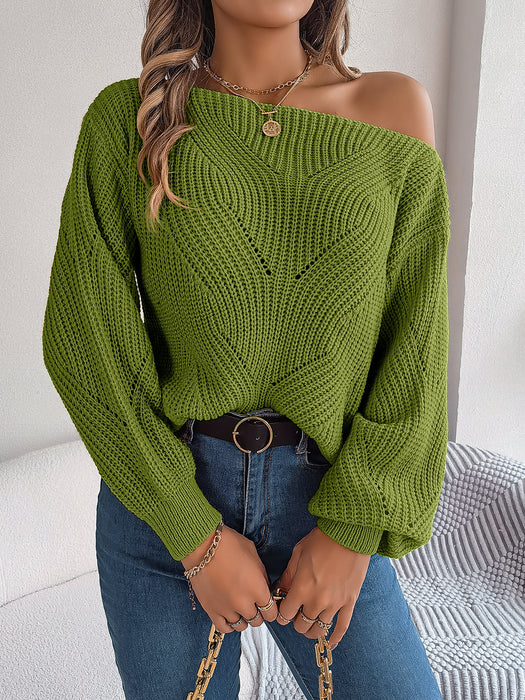 Color-Green-Autumn Winter Casual Hollow Out Cutout out off Neck off the Shoulder Lantern Sleeve Sweater Women Clothing-Fancey Boutique