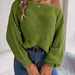 Color-Green-Autumn Winter Casual Hollow Out Cutout out off Neck off the Shoulder Lantern Sleeve Sweater Women Clothing-Fancey Boutique