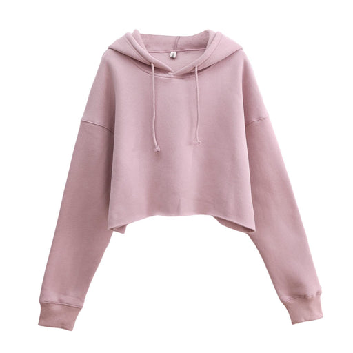 Color-Pink-Sports Loose Cropped Hoodie Women Autumn Winter Fleece-lined Solid Color Minimalist Long Sleeve Top-Fancey Boutique