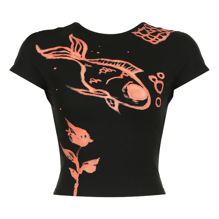 Color-Black-Featured Hand Painted Goldfish Printed Back Hollow Out Cutout Backless Design Slim Fit Slimming Short Sleeve T shirt Top Women-Fancey Boutique