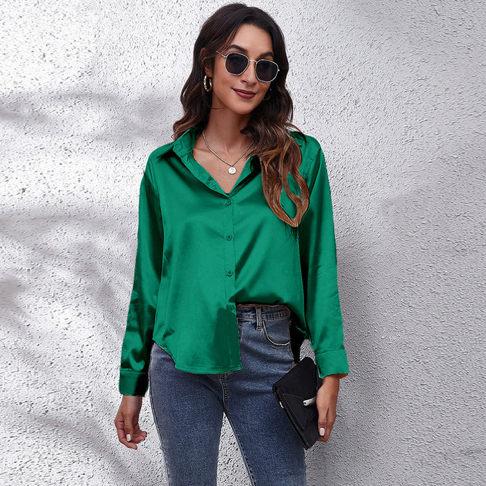 Color-blackish green-Popular Satin Shirt Women Artificial Silk Long Sleeve Shirt Autumn Women Clothing-Fancey Boutique