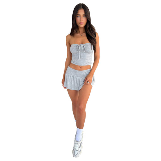 Women Clothing Sexy Tube Top Pleating Double Layer Pantskirt Two Piece Set-Gray-Fancey Boutique
