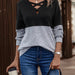 Color-Black Gray-Autumn Winter V Neck Cross Color Contrast Patchwork Drop Shoulder Sleeve Casual T Women Top-Fancey Boutique