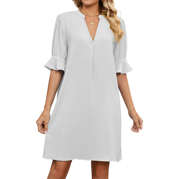 Color-White-Summer Solid Color V neck Loose Pleated Half Length Sleeve Dress Women-Fancey Boutique