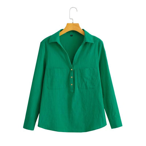 Color-Green-Summer New Three-Color Slub Cotton Long-Sleeved Shirt Mid-Length Pullover Top-Fancey Boutique
