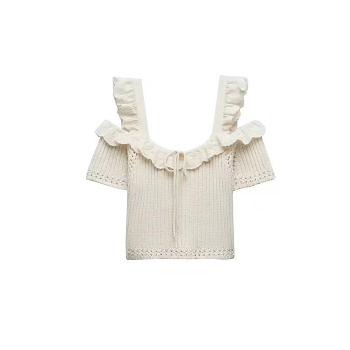 Color-White-Women Summer Sexy Straight Collar Exposed Shoulder Strap Knitted Sling Short Stitching Outerwear Top-Fancey Boutique