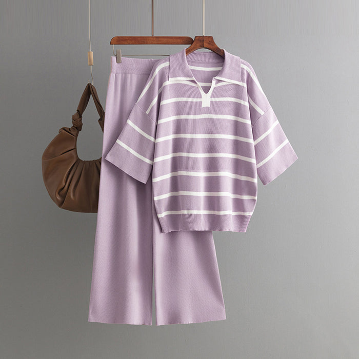 Color-Eggplant Purple-Contrast Color Striped Summer Casual Loose Knitted Wide Leg Pants Two Piece Set-Fancey Boutique