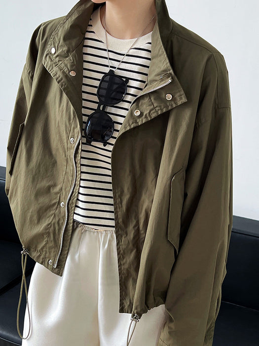 Color-Army Green-Autumn Retro Stand Collar Drawstring Cargo Jacket Coat Loose Zip Women Gore Tex Jacket-Fancey Boutique