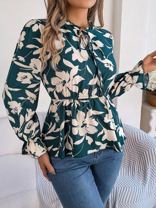 Color-Green-Real Shot Spring Summer Casual Floral Lace up Long Sleeve Chiffon Shirt Top Women Clothing-Fancey Boutique