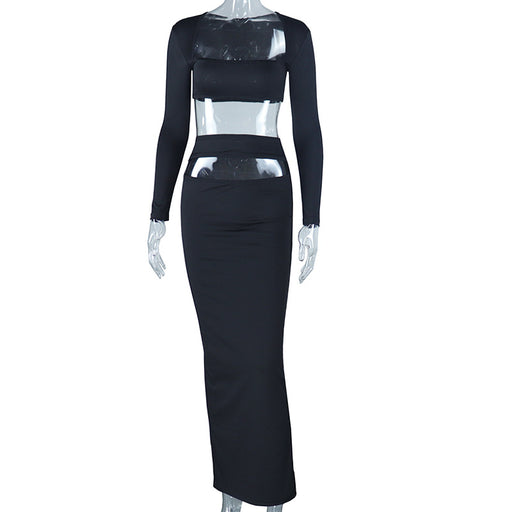 Color-Black-Women Solid Color Fashionable Elegant Top Long Sleeve Skirt Set Two Piece Set-Fancey Boutique