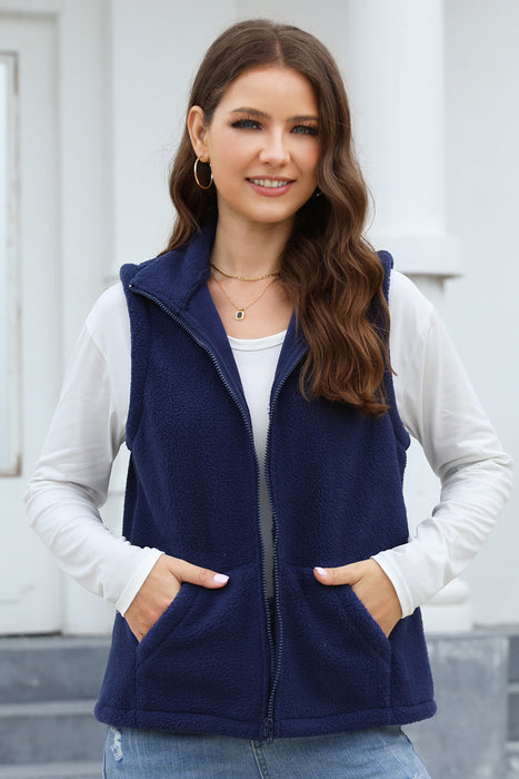 Women's Polar Fleece Zipper Collared Waistcoat-Navy Blue-Fancey Boutique