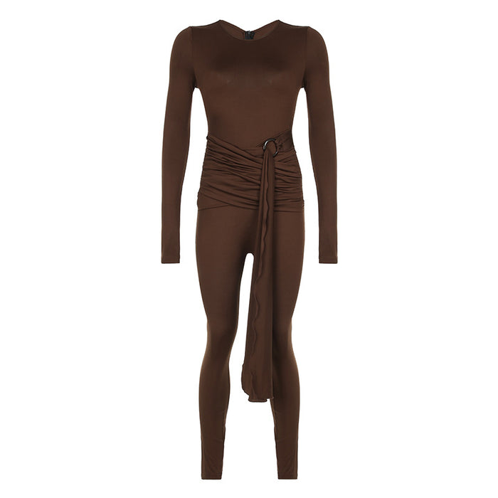 Color-Brown-Women Ring Stitching Cross Pleated Ribbon Corset Inner Wear Base Fall Winter Tight Jumpsuit-Fancey Boutique
