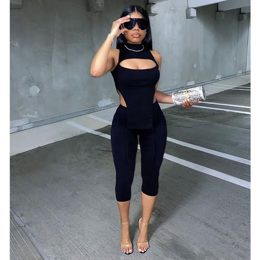 Color-Black-Women Clothing Sexy Sleeveless Half Turtleneck Cropped Pants Two-Piece Solid Color Elastic Suit for Women-Fancey Boutique