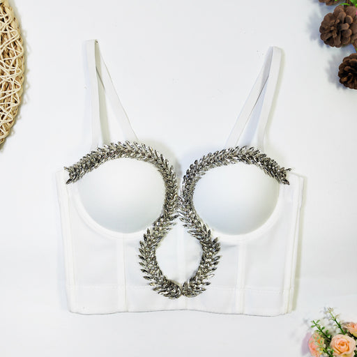 Color-White-Source Leaves Rhinestone Chain Wrapped Chest Outer Wear Annual Meeting High Sense Boning Corset Camisole-Fancey Boutique