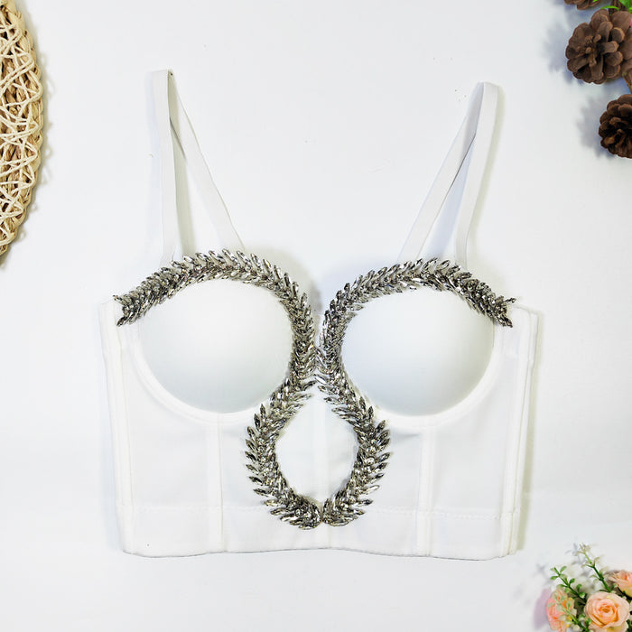 Color-White-Source Leaves Rhinestone Chain Wrapped Chest Outer Wear Annual Meeting High Sense Boning Corset Camisole-Fancey Boutique