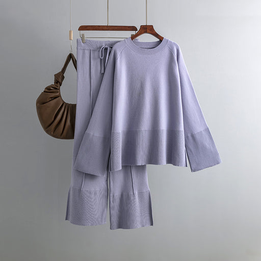 Color-Gray-Loose Knitting Suit Autumn Winter Flared Sleeves round Neck Slit Loose Suit-Fancey Boutique
