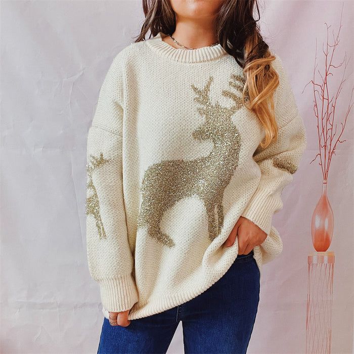 Color-White-Autumn Winter Loose Gold Line Jacquard Deer Pattern Round Neck Long Sleeve Christmas Sweaters Pullover-Fancey Boutique