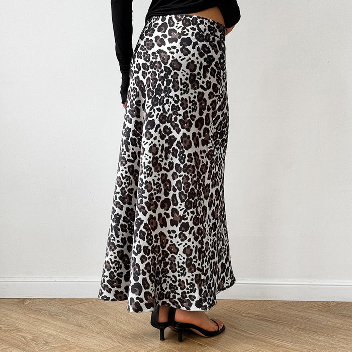 Leopard Print Satin A Swing Skirt Autumn Arrival All Match Long Skirt for Women-Fancey Boutique