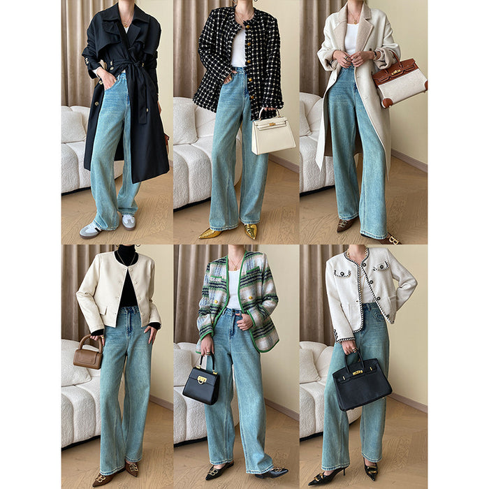 French Fashionable Letters Early Autumn Special Washed Straight Jeans Slim Wide Leg Pants-Fancey Boutique