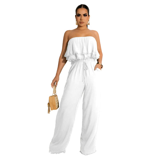 Color-White-Women Clothing Solid Color Sleeveless Casual Wrapped Chest Ruffled Jumpsuit-Fancey Boutique