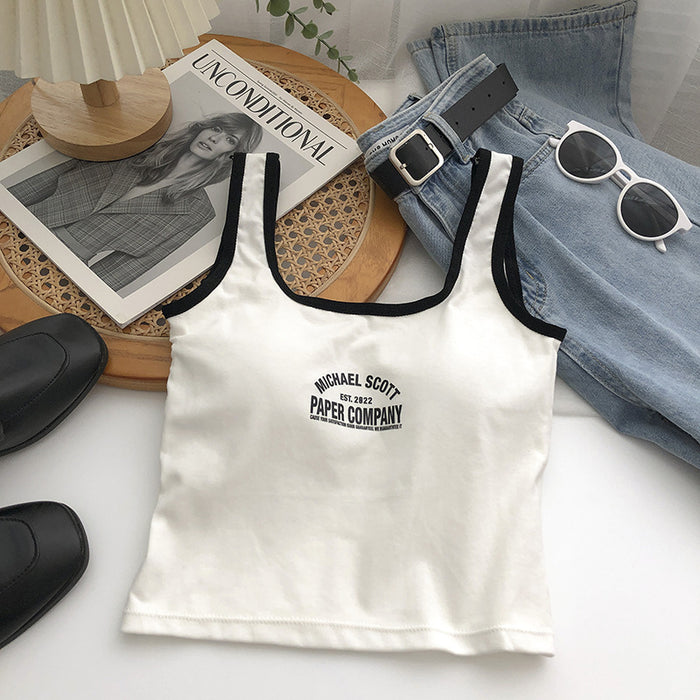 Color-White-Hemming Printing Color Contrast Letter Graphic Crew Neck Sleeveless Vest Women Summer Korean All Match Single Wear Beauty Back Shirt-Fancey Boutique