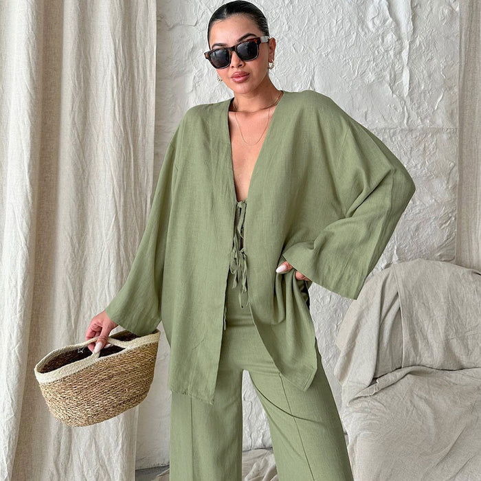 Autumn Cotton Breathable Green Long Sleeved Trousers Women Cardigan Pajamas Home Wear-Green-Fancey Boutique