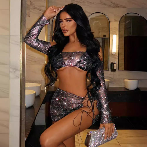 Sexy See through Mesh Rhinestone Fishnet Tube Top Skirt Sexy Set-Fancey Boutique