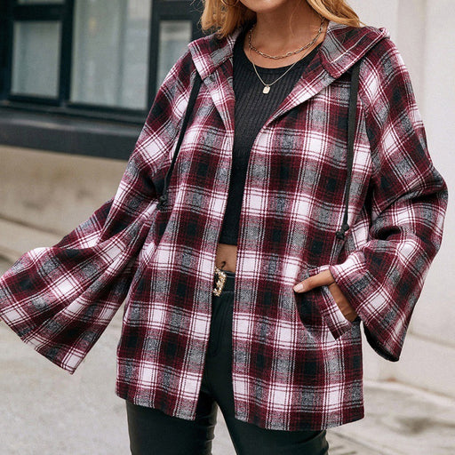 Color-Burgundy-Casual Hooded Checked Shirt Loose Plaid Trench Coat Coat Top Women Outerwear-Fancey Boutique