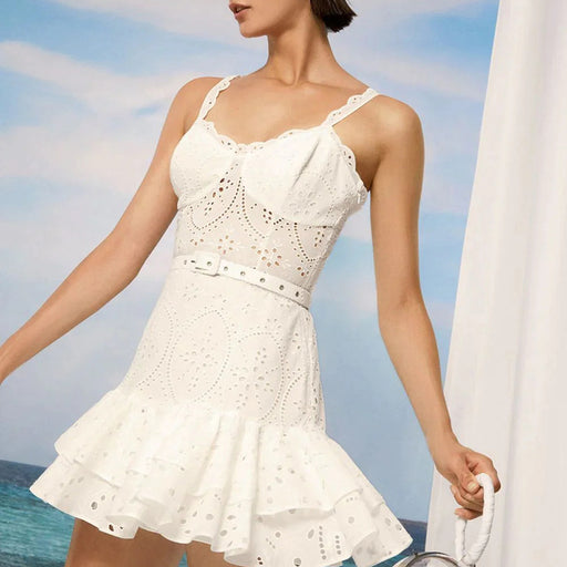 Summer Machine Embroidery Sexy Spaghetti Strap Ruffle Dress Waist Slimming Short Temperamental Dress-White-Fancey Boutique