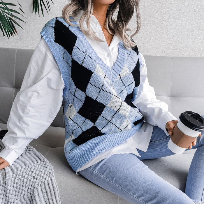 Color-College Style Blue-Autumn Winter College Rhombus V-neck Casual Loose Knit Vest Sweater Women Clothing-Fancey Boutique