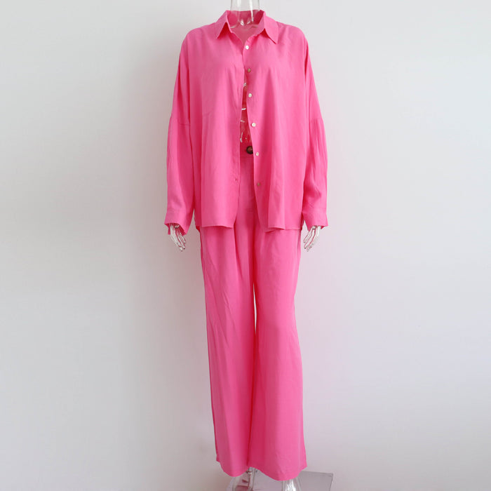 Color-Rose Pink-Early Autumn Casual Suit Women Y2g Vacation Batwing Sleeve Shirt Top Straight Leg Trousers Two Piece Suit-Fancey Boutique