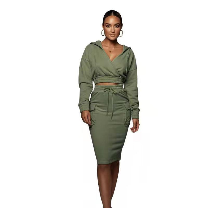 Color-Green-Autumn Winter Solid Color V-neck Hooded Hip Wrapped Mid Length Skirt Women Urban Casual Long Sleeve Sweatshirt Suit-Fancey Boutique