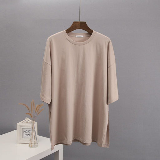 Summer Loose Split Cotton Short Sleeved T Shirt Women Comfortable Round Neck Solid Color-Khaki-Fancey Boutique