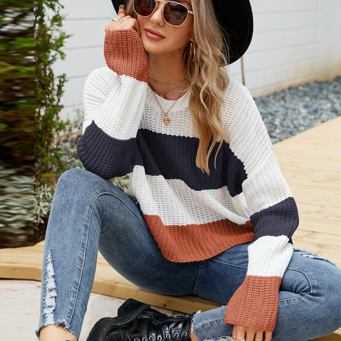 Color-Dark Blue Stripes-Loose Wear Autumn Winter Casual Pullover Sweater Striped Color Contrast Short Sweater-Fancey Boutique